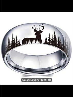 Men's Silvery Deer & Forest Stainless Steel Band - Size 10